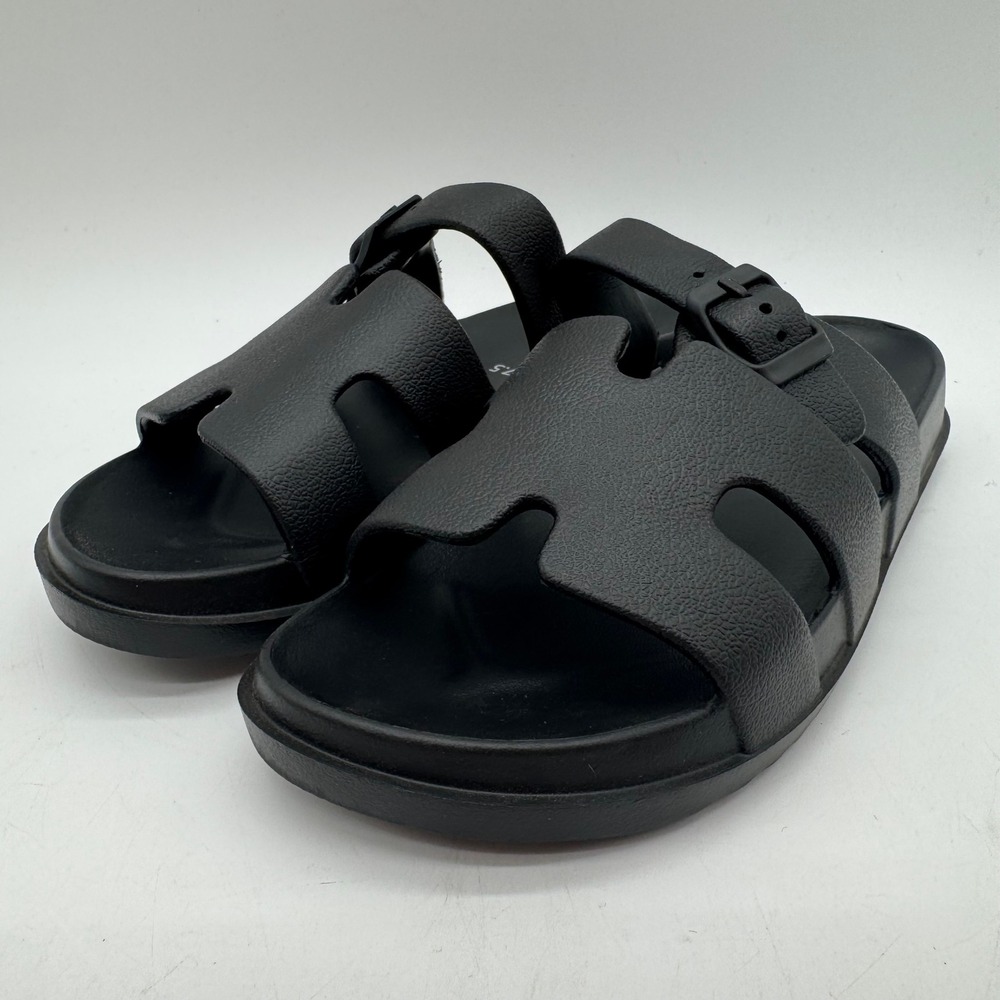 Cushionaire Slide Sandals Womens US 7-7.5 Black Cutout Adjustable Buckle Straps